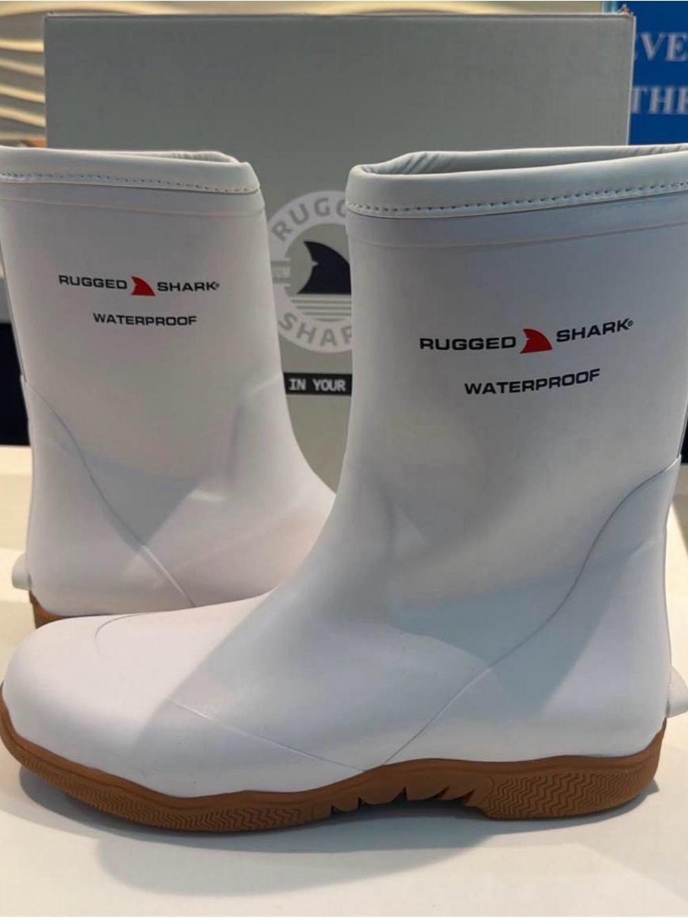 Rugged Shark Waterproof Men's White Rain Boots